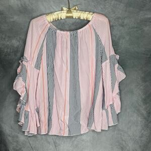 Fever Top Blouse Women S Boho Hippie Y2K Flare Sleeve Peasant Stripes Pink Black